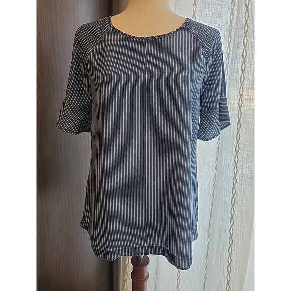 Chambray Striped Blouse Raglan Hem Ruffle Sleeve Small‎ - Picture 1 of 7